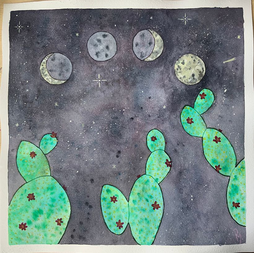 Mi proyecto final. Acuarelas de diferentes marcas, gouache blanco y experimentación con sal, alcohol en papel de 260 gr. 