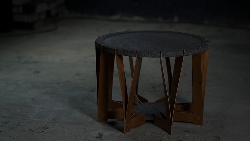 Mesa Xochitl. Contrachapado de maple con teca y piedra volcánica.. Foto DWM