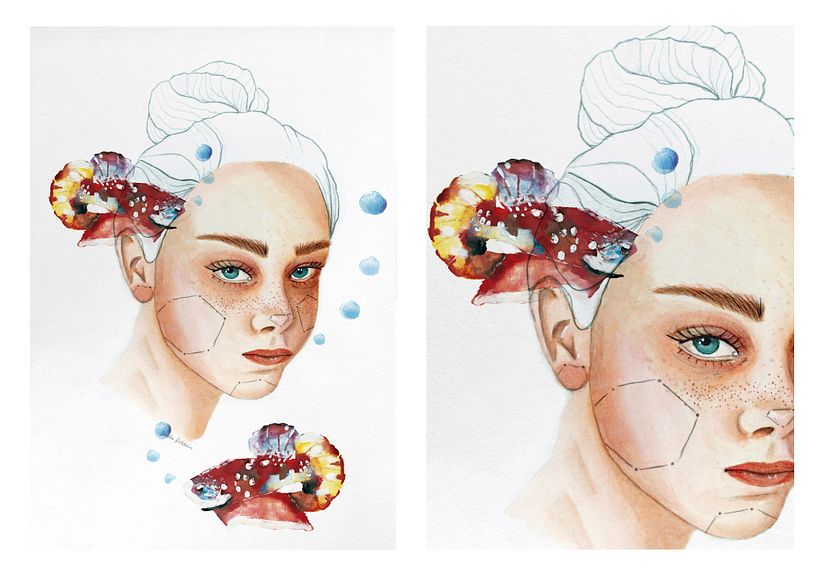 Segunda composición: Mujer - pez (acuarela + gouache)