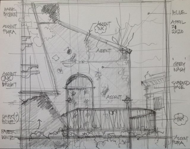Pencil sketch (from color photograph) with notes. Cross hairs show third points.