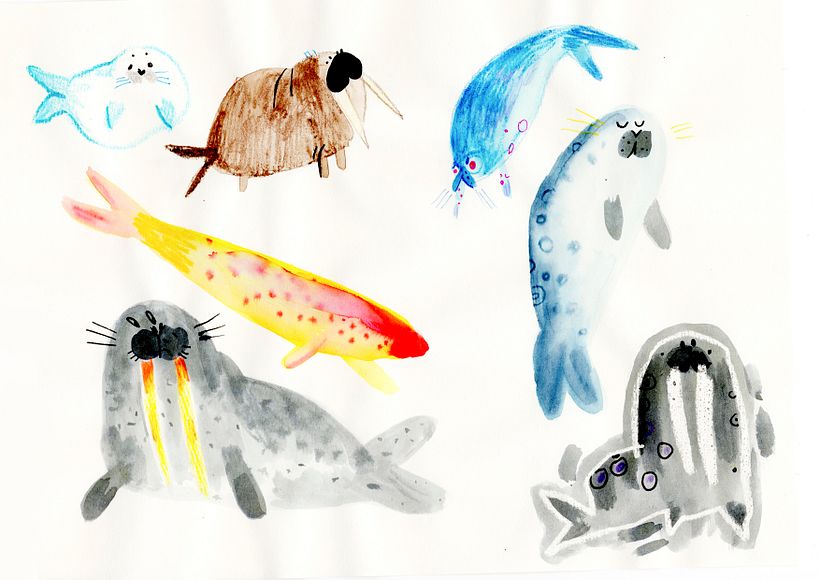 Seals and walruses. Watercolor markers, pencils and wox crayons