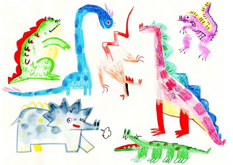 Dinosaurs. Pencils, markers and wox crayons 