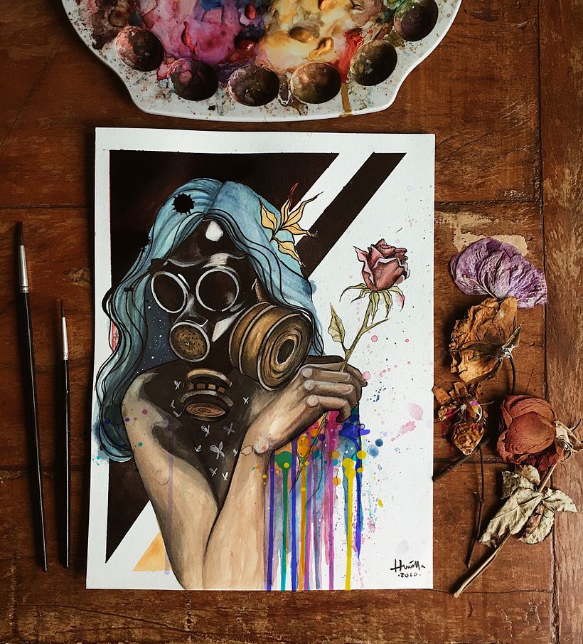  Esse é um dos meus trabalhos mais recentes feito com aquarela e guache. Foi criado pensando no atual cenário pandêmico.