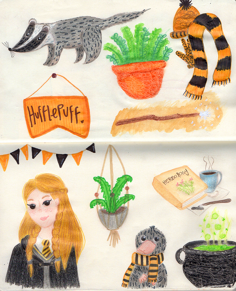 Esta primera ilustración es la más geek que he hecho, AMO Harry Potter y se me ocurrió mostrar un poco de mi casa Hufflepuff.