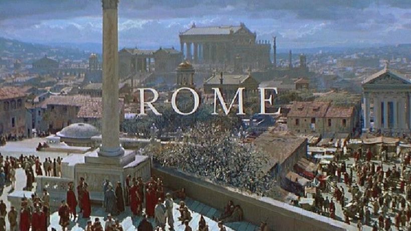 Escena de Spartacus con la matte painting de Peter Ellenshaw