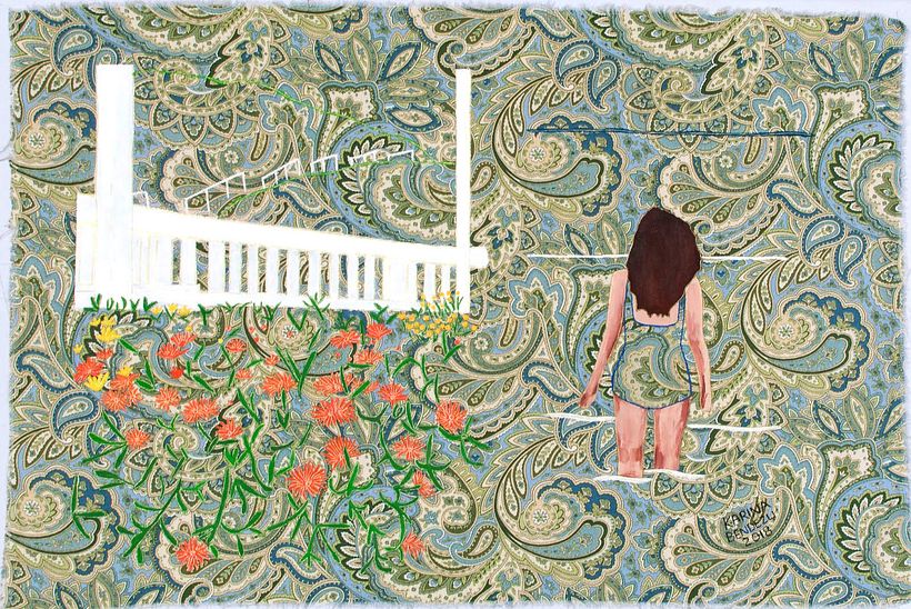 En contacto con la naturaleza, Santa María del Mar. Técnica mixta sobre tapis. Medidas: 0.80 x 0.55 cm. Año: 2018