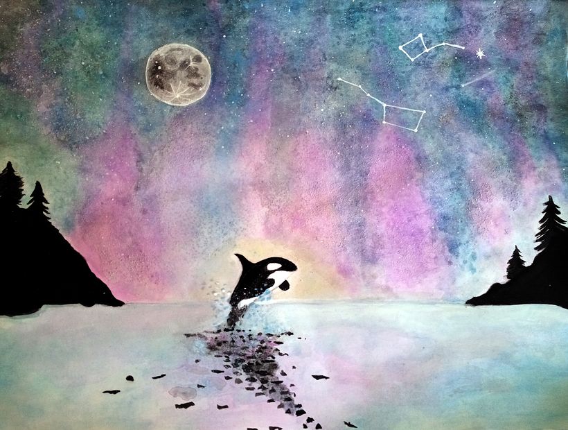 Mi Proyecto del curso: Paisaje con aurora boreal, luna llena y constelaciones 0
