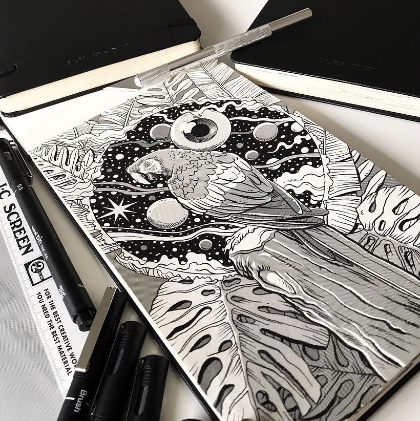 Tinta e serigrafia sobre o Álbum de Aquarelas Moleskine