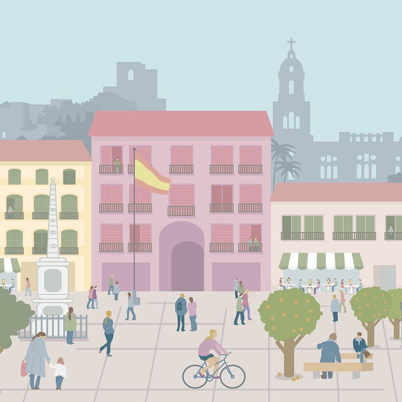 Paseando en bici por la Plaza de la Constitución en Málaga, con monumentos históricos en el fondo. 
