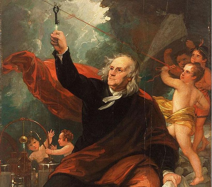 'Retrato' de Franklin durante experimento com eletricidade. Quadro de Benjamin West
