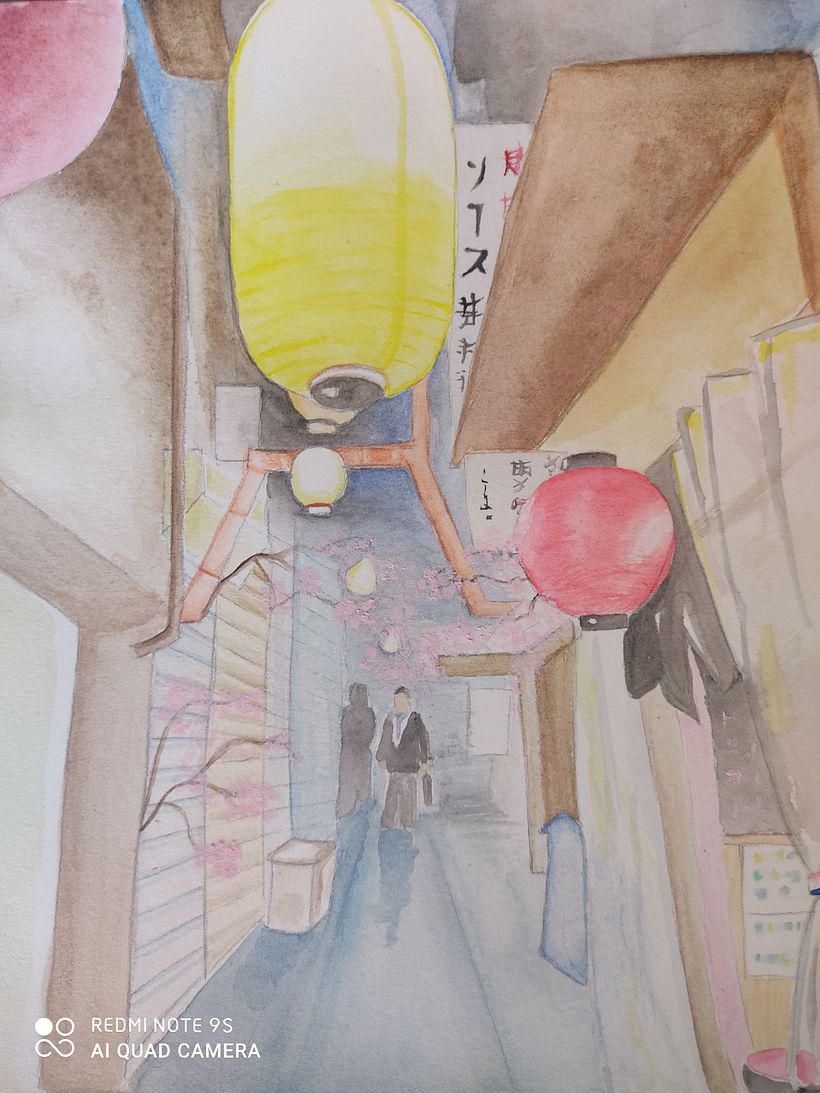 Es una acuerela a partir de una foto de una calle de Tokyo enviada por una amiga que viajó allí recientemente.