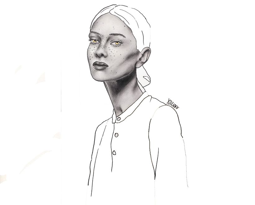 Ilustración inicial realizada con lápiz, partiendo de una fotografía y luego escaneada para retocar detalles digitalmente.