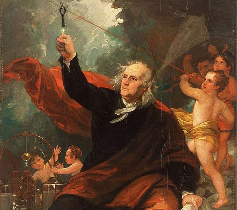 Picture of Franklin Roosevelt conducting an electricity experiment by Benjamin West