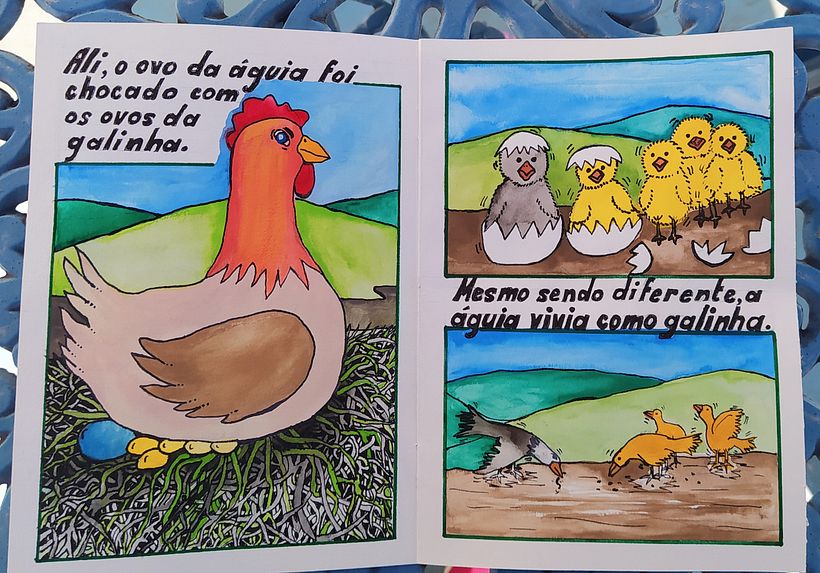 Meu projeto do curso: Técnicas narrativas para histórias ilustradas é o livro infantil "O VOO" releitura da lenda "A águia e a galinha". 2