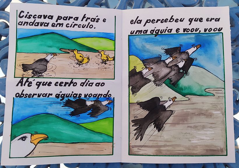 Meu projeto do curso: Técnicas narrativas para histórias ilustradas é o livro infantil "O VOO" releitura da lenda "A águia e a galinha". 4