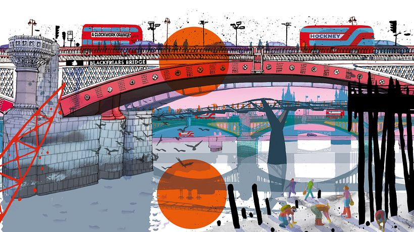 The Blackfriars Bridge and a perspective with other bridges on the Thames. From " I am London", Moleskine.