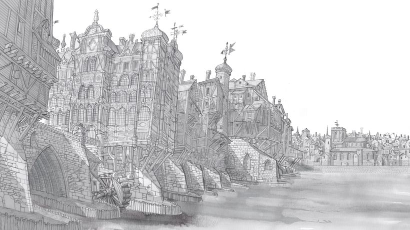 A sketch about the old London Bridge as it was in the 17th Century. From my book " I am London", Moleskine