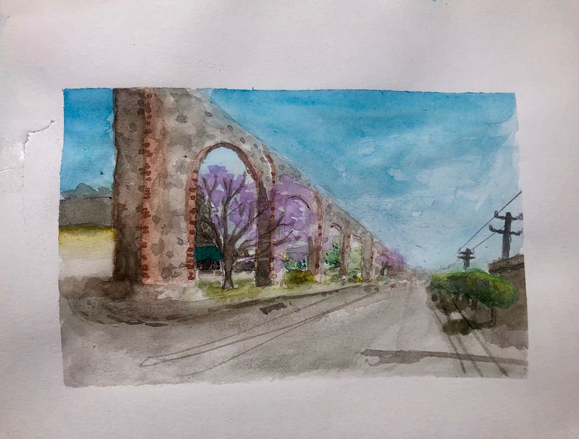Watercolor painting of the arches in Queretaro, Mexico. 