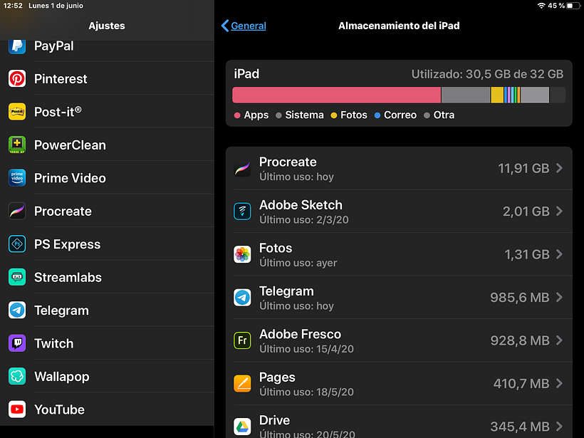 Ayuda con procreate espacio en iPad 1