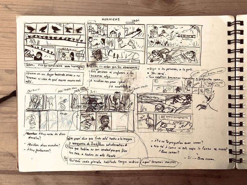 O storyboard é composto por pequenos diagramas de ajuste, paginação e textos.