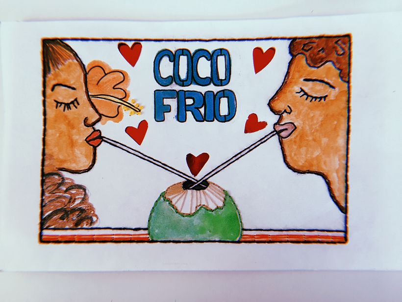 "Coco Frío" - basado en un letrero de Loíza, PR. (acuarelas, hilo y marcador sobre papel)