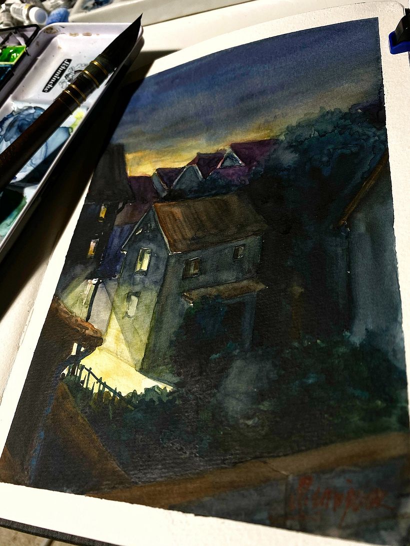 The neighbour's street lamp illuminating the back view seen from our house.