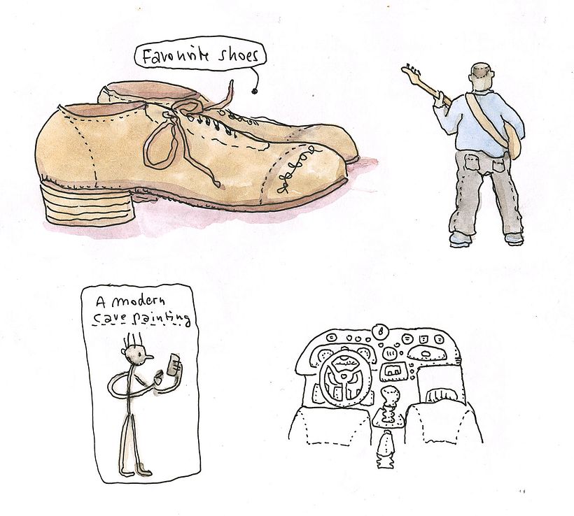 Extra drawing prompt: Favourite shoes, Self-portrait from behind, a modern cave painting, Car interior