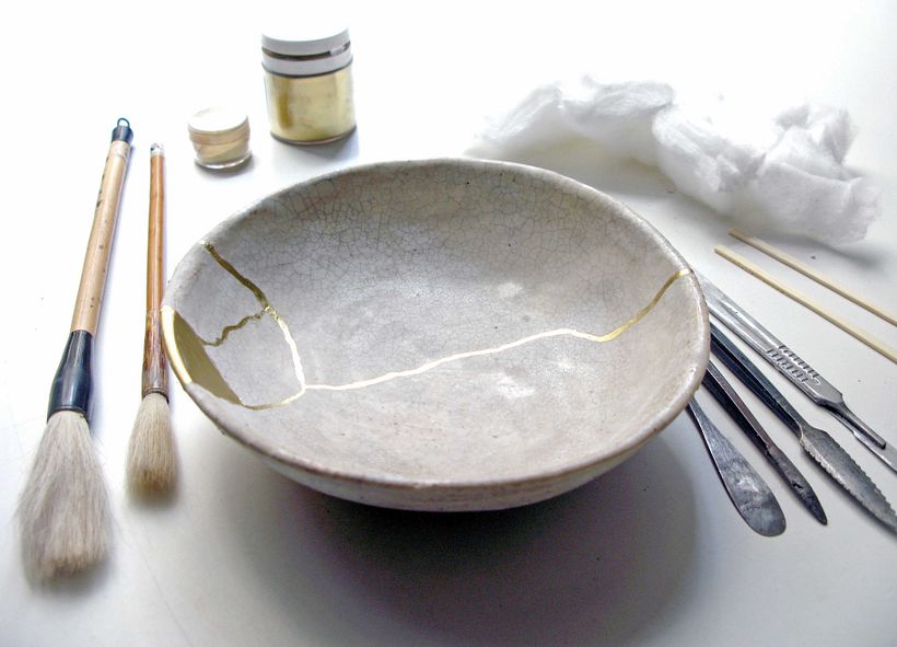 una de mis piezas restaurada con kintsugi