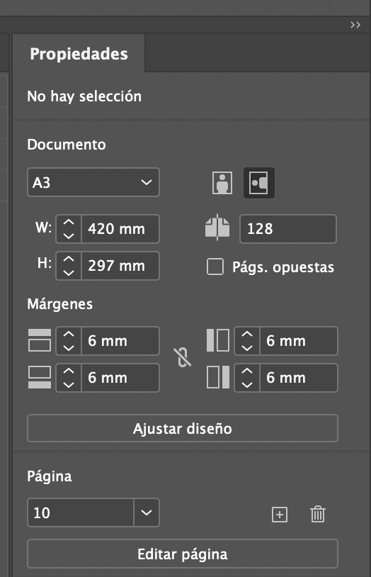 Propiedades del documento InDesign dónde se ve que las páginas son A3.