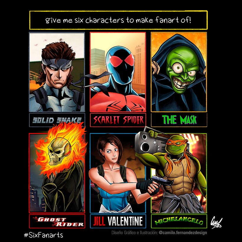 mi versión del desafío de los 6 fan art  dibuje personajes de cómic y videojuegos