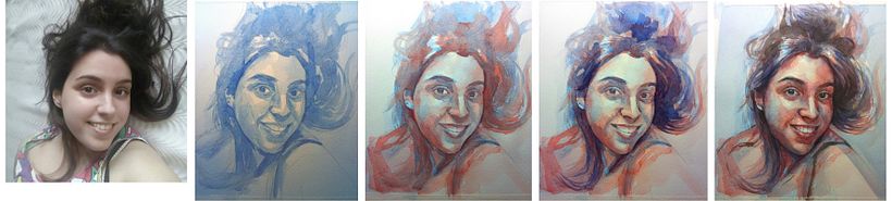 Proceso con las diferentes capas de grisalla del primer retrato.