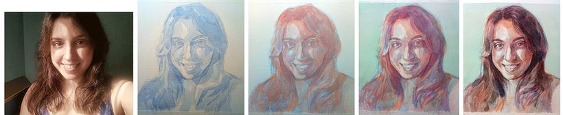 Proceso con las diferentes capas del segundo retrato.