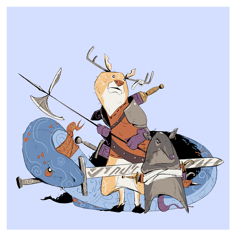 Intenté limitar la paleta de los colores lo mas que pude y fui añadiendo detalles con los que ya tenia en cada personaje. 