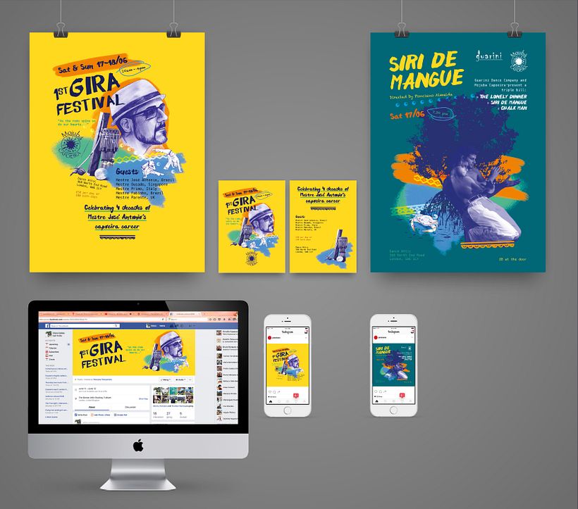 Piezas impresas y digitales para la promocion del evento de capoeira Gira Festival