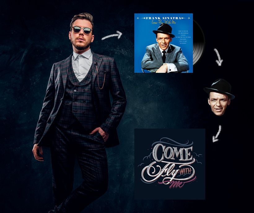 Processo criativo: imagem do Envato Elements + capa do álbum "Come Fly With Me" + lettering feito no Procreate