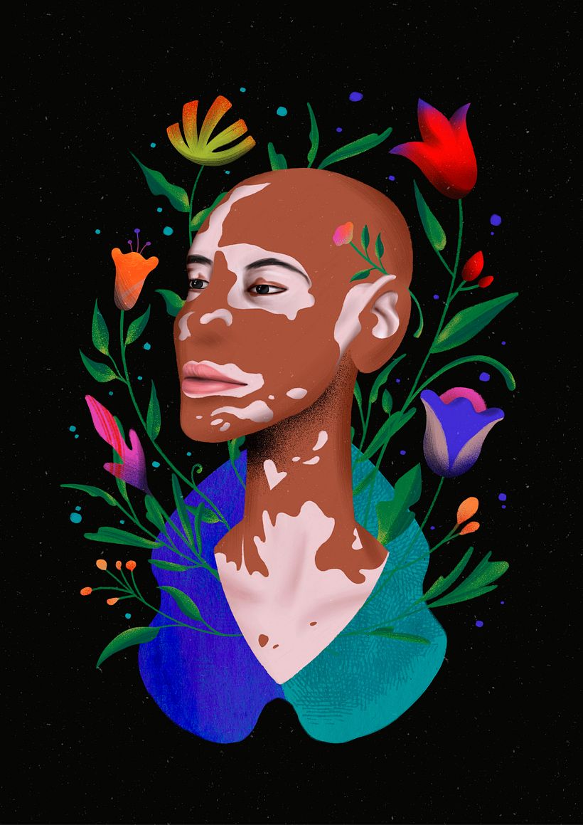 Me permitir mesclar um pouco o Flat com meu estilo de ilustração que se encontra dentro do espaço onde o vitiligo se espalha!