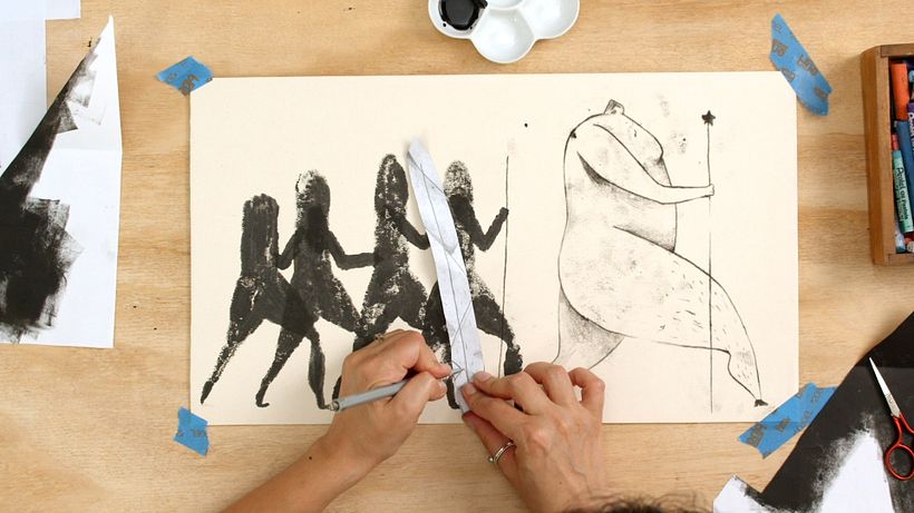 Add more detail by using pieces of paper with ink