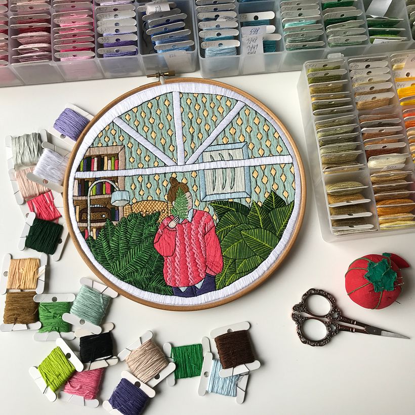 Girl and leaves embroidery 2