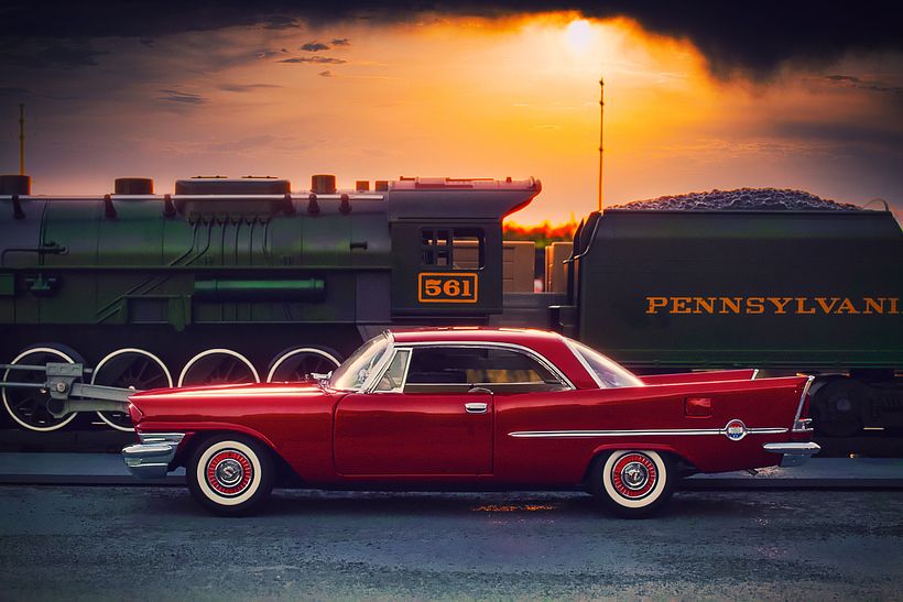 Forced perspective photography 1958 Chrysler 300D Sport Coupe Matador Red in 1/24 diecast.