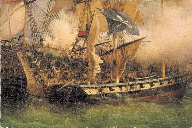 Piratas atacando um navio mercante (posterior a 1852). Baseado em La Prise du Kent par Surcouf de Ambrose Garneray