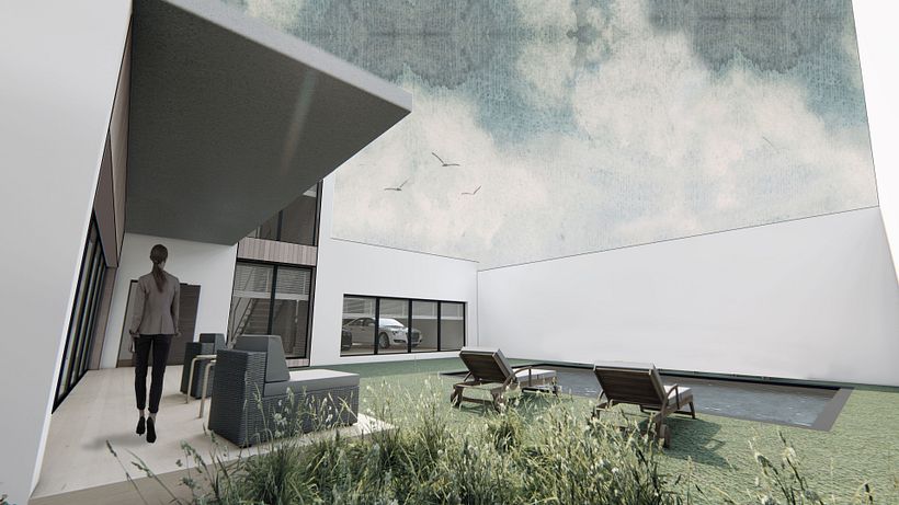 Infografía Vivienda Unifamiliar. Vista de patio.