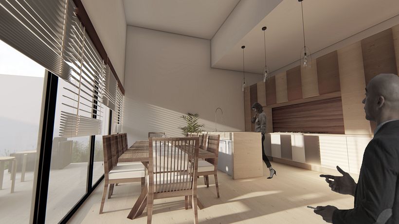 Infografía Vivienda Unifamiliar. Vista cocina.