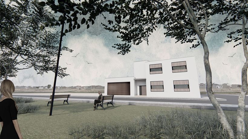 Infografía Vivienda Unifamiliar. Vista Fachada exterior.