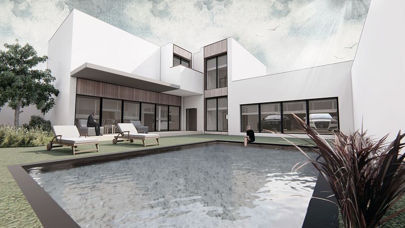 Infografía Vivienda Unifamiliar. Vista de fachada interior desde piscina.