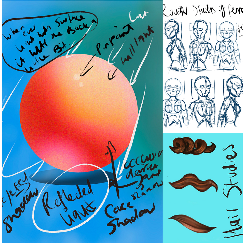 Notes, sketches and studies during and after completing Natalias, Female portraits in procreate course.