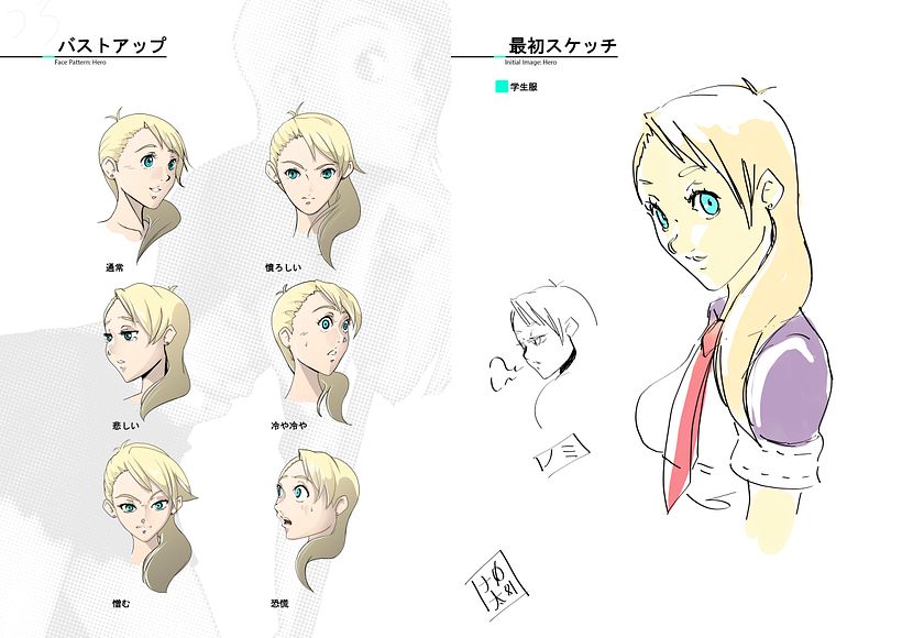 Second Page: Different expressions for the main character and first sketch.
