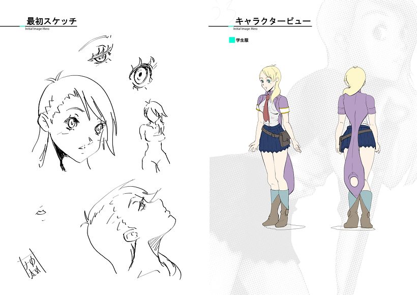 Third Page: More sketches of the character and character in main views.