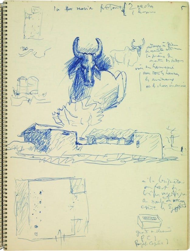 Le Corbusier, sketch of bulls and peasant houses near Chandigarh, dated March 1951; Fondation Le Corbusier, Paris