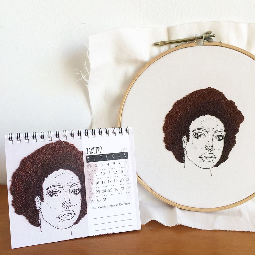 Calendário Bordado 2016: bordado meu, desenho do Thiago Orue. 2017.