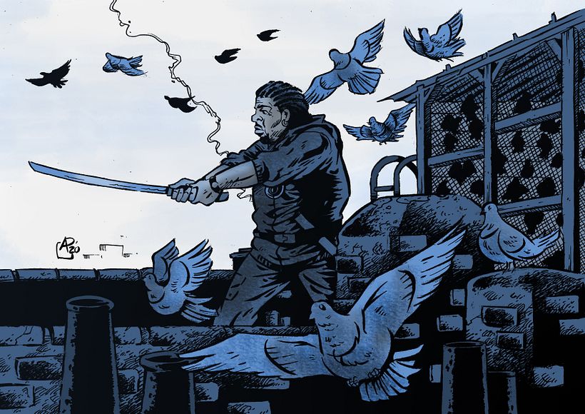 Illustration based on Jim Jarmusch's film Ghost Dog. Below is the creative process: